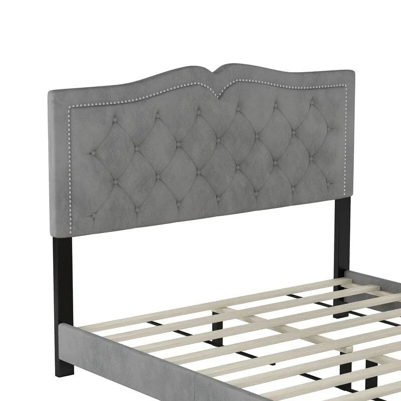 Upholstered Platform Bed with Tufted Headboard and Slat Support 18
