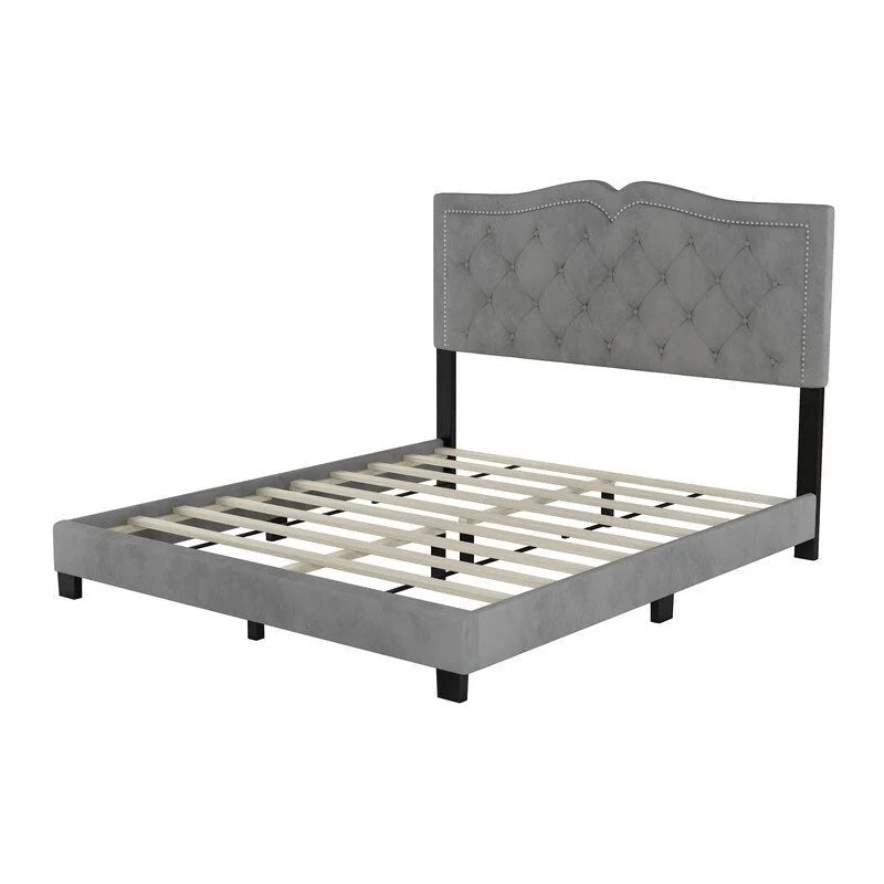 Modern Velvet Queen Size Upholstered Bed Frame with Tufted Headboard and Rivet Accents 21