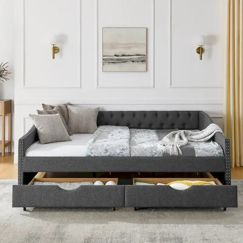 Upholstered Tufted Queen Size Daybed Sofa Bed with Storage Drawers 42