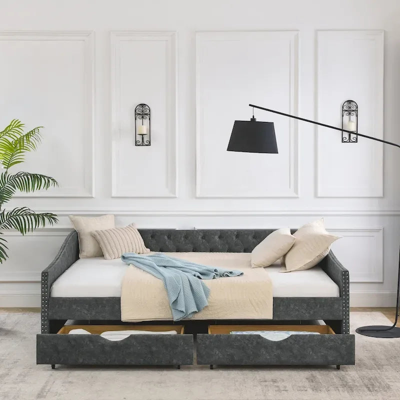 Upholstered Tufted Queen Size Daybed Sofa Bed with Storage Drawers 44
