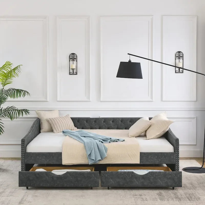 Upholstered Tufted Queen Size Daybed Sofa Bed with Storage Drawers 1