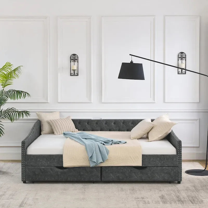 Upholstered Tufted Queen Size Daybed Sofa Bed with Storage Drawers 2