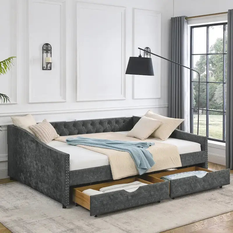 Upholstered Tufted Queen Size Daybed Sofa Bed with Storage Drawers 3