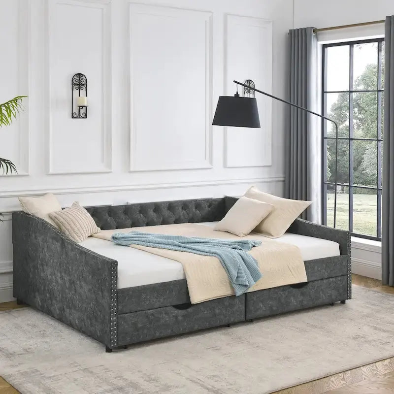 Upholstered Tufted Queen Size Daybed Sofa Bed with Storage Drawers 4