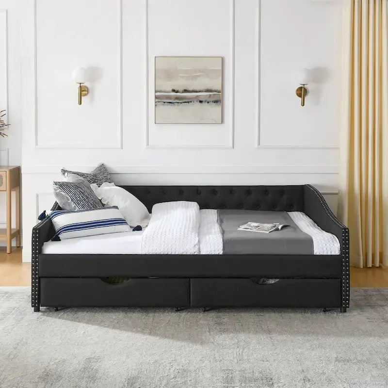 Upholstered Tufted Queen Size Daybed Sofa Bed with Storage Drawers 12