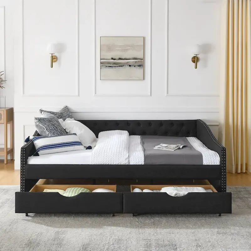 Upholstered Tufted Queen Size Daybed Sofa Bed with Storage Drawers 13