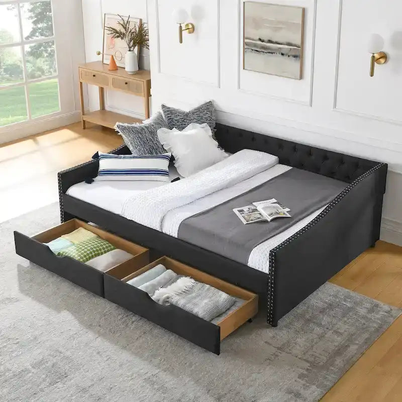 Upholstered Tufted Queen Size Daybed Sofa Bed with Storage Drawers 14