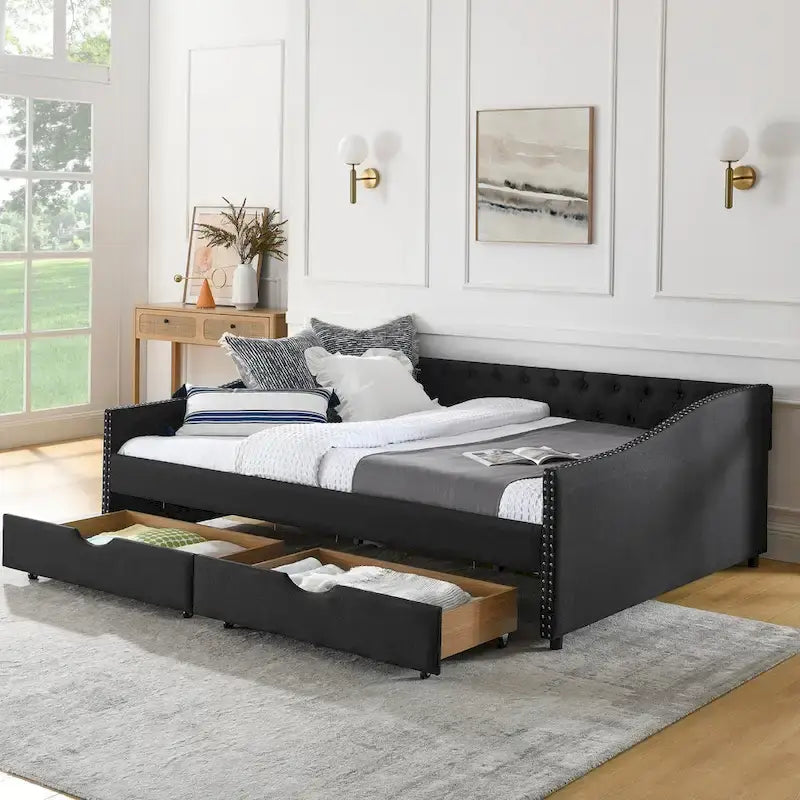 Upholstered Tufted Queen Size Daybed Sofa Bed with Storage Drawers 15
