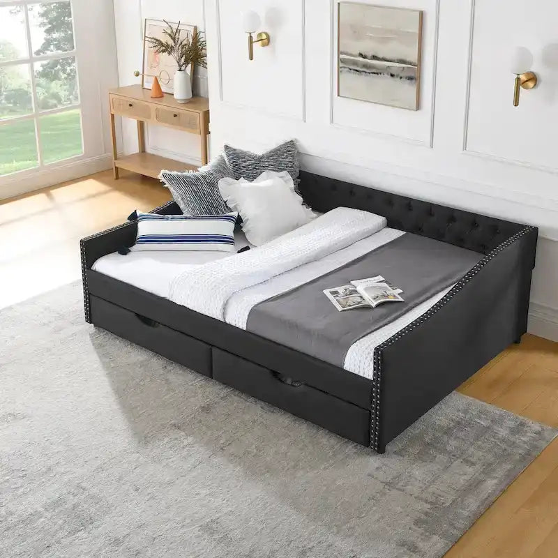 Upholstered Tufted Queen Size Daybed Sofa Bed with Storage Drawers 16