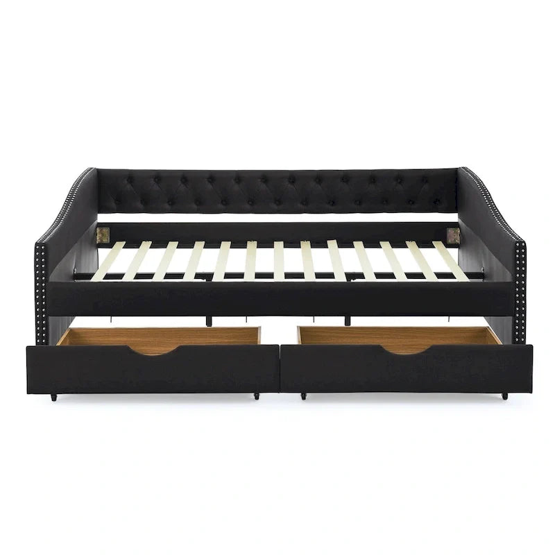 Upholstered Tufted Queen Size Daybed Sofa Bed with Storage Drawers 18