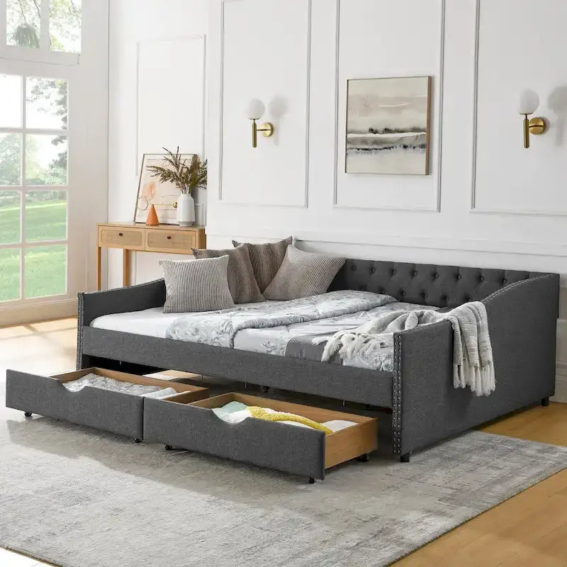Upholstered Tufted Queen Size Daybed Sofa Bed with Storage Drawers 23