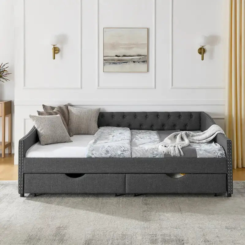 Upholstered Tufted Queen Size Daybed Sofa Bed with Storage Drawers 24