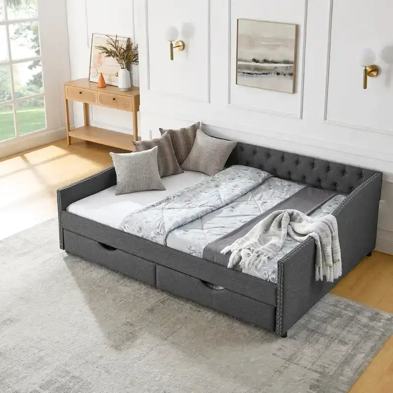 Upholstered Tufted Queen Size Daybed Sofa Bed with Storage Drawers 25