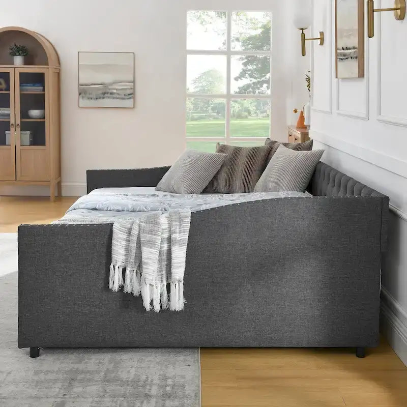 Upholstered Tufted Queen Size Daybed Sofa Bed with Storage Drawers 26