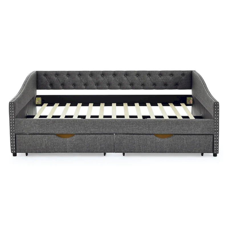Upholstered Tufted Queen Size Daybed Sofa Bed with Storage Drawers 27