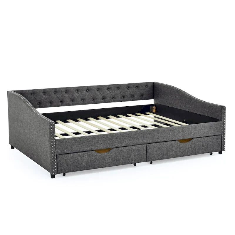 Upholstered Tufted Queen Size Daybed Sofa Bed with Storage Drawers 28
