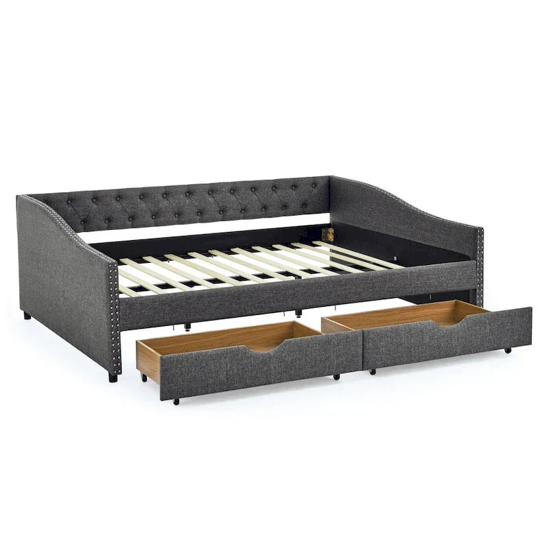 Upholstered Tufted Queen Size Daybed Sofa Bed with Storage Drawers 29