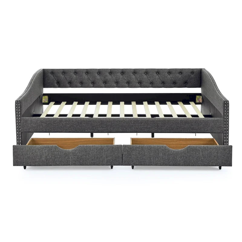 Upholstered Tufted Queen Size Daybed Sofa Bed with Storage Drawers 31