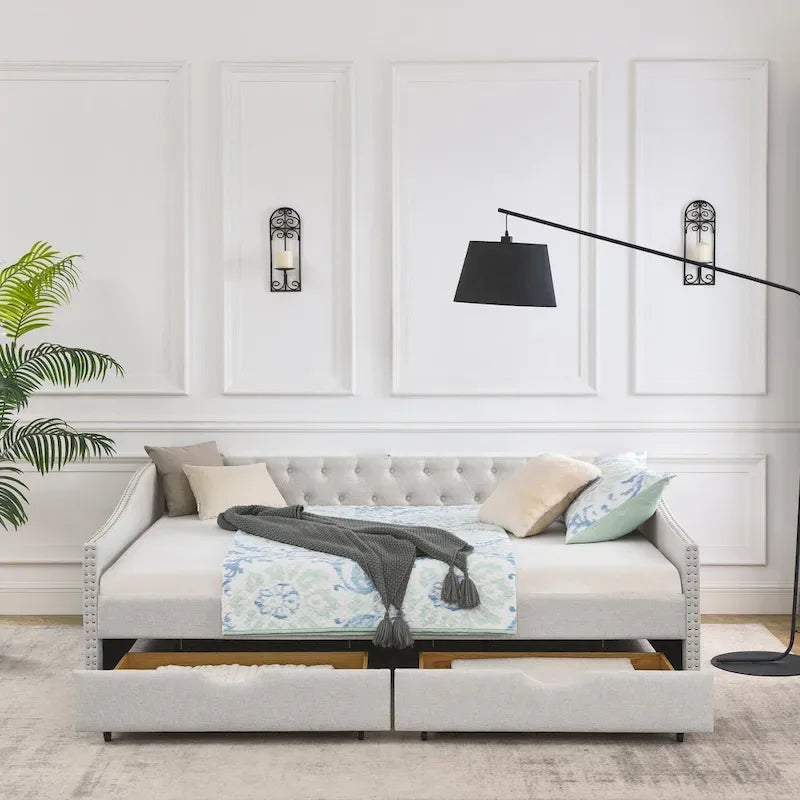 Upholstered Tufted Queen Size Daybed Sofa Bed with Storage Drawers 32
