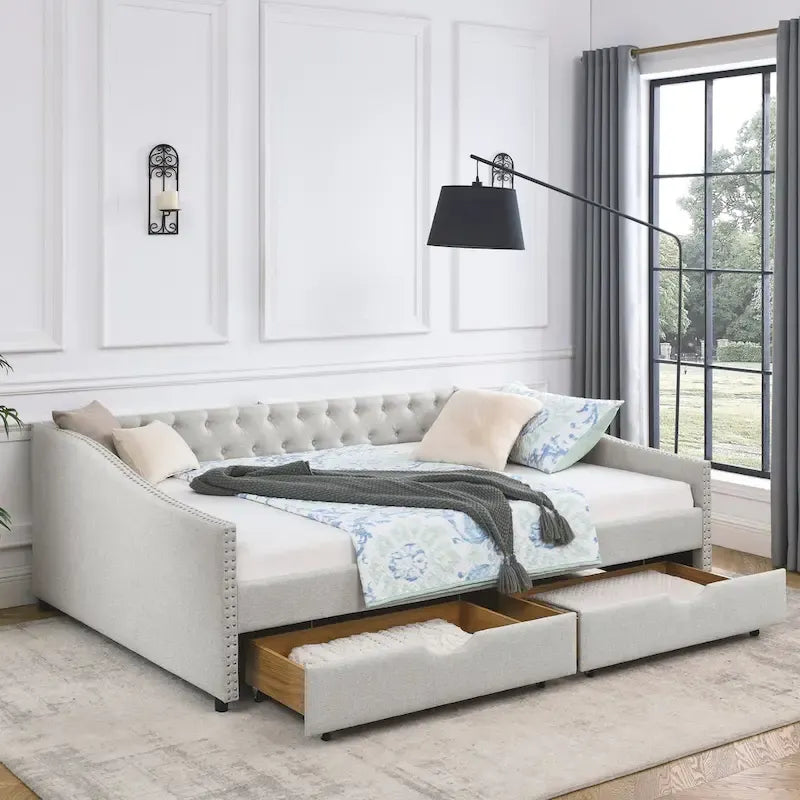 Upholstered Tufted Queen Size Daybed Sofa Bed with Storage Drawers 33