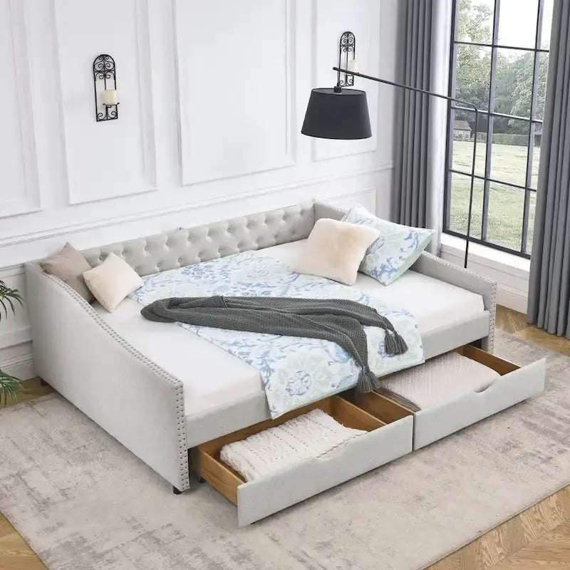 Upholstered Tufted Queen Size Daybed Sofa Bed with Storage Drawers 34