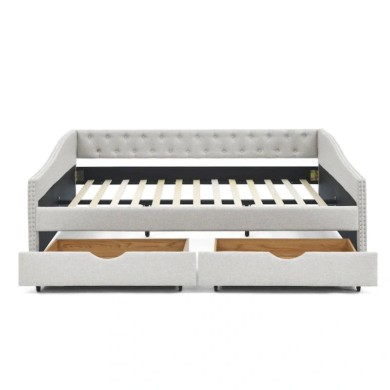Upholstered Tufted Queen Size Daybed Sofa Bed with Storage Drawers 38