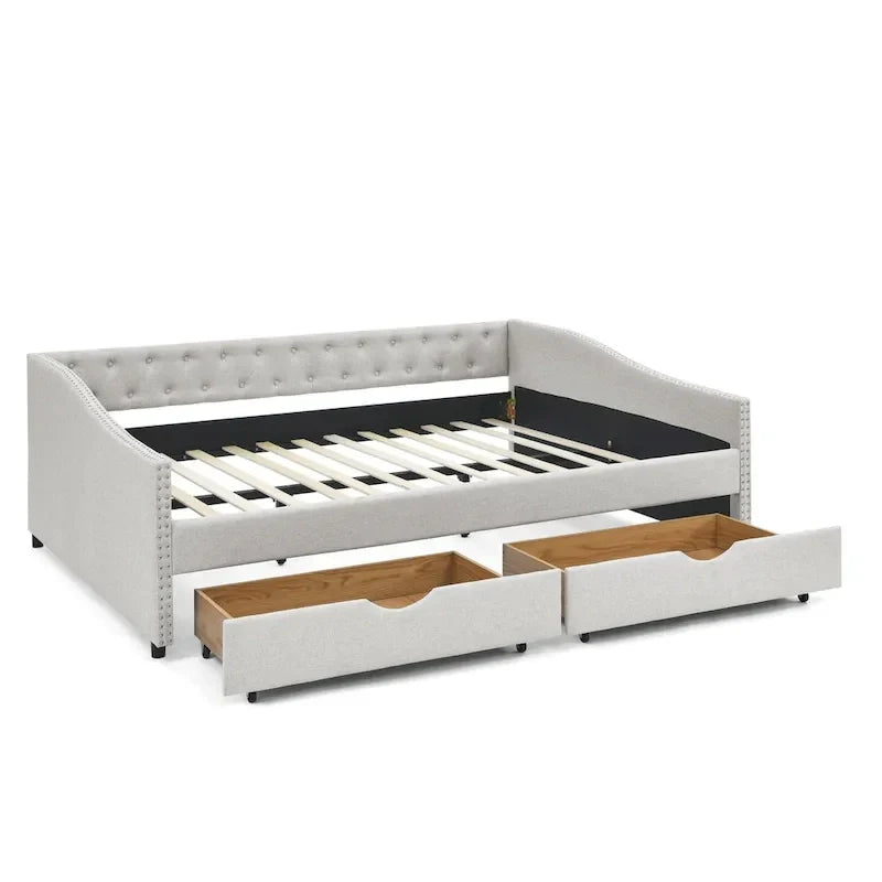 Upholstered Tufted Queen Size Daybed Sofa Bed with Storage Drawers 39