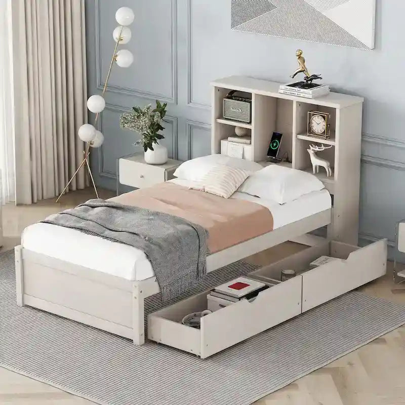 Contemporary Twin Bed Frame with USB Charging Port, Bookcase Headboard, and Dual Drawers for Bedroom or Living Room 29