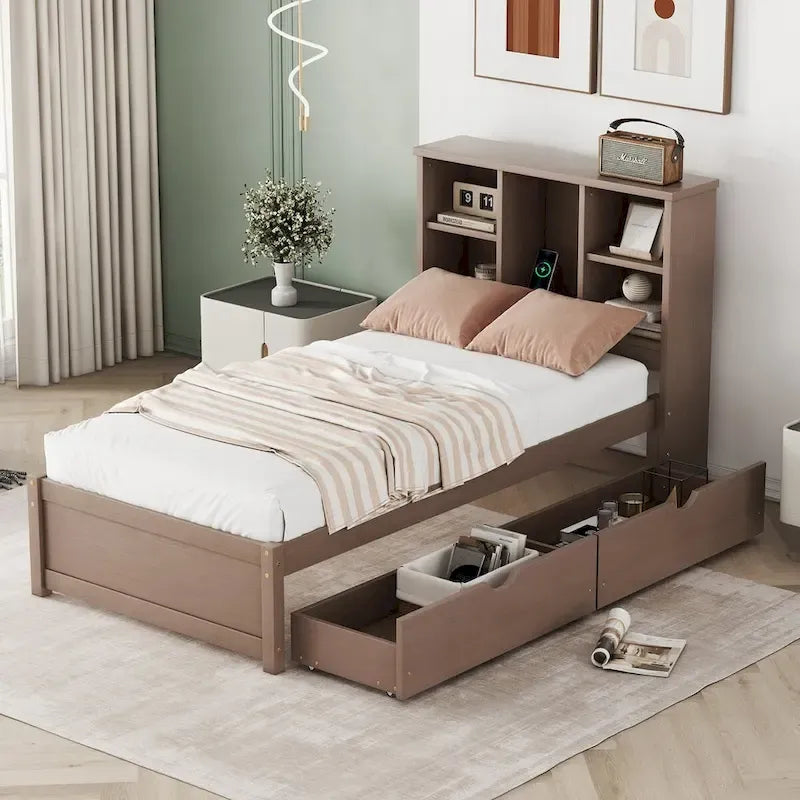 Contemporary Twin Bed Frame with USB Charging Port, Bookcase Headboard, and Dual Drawers for Bedroom or Living Room 1