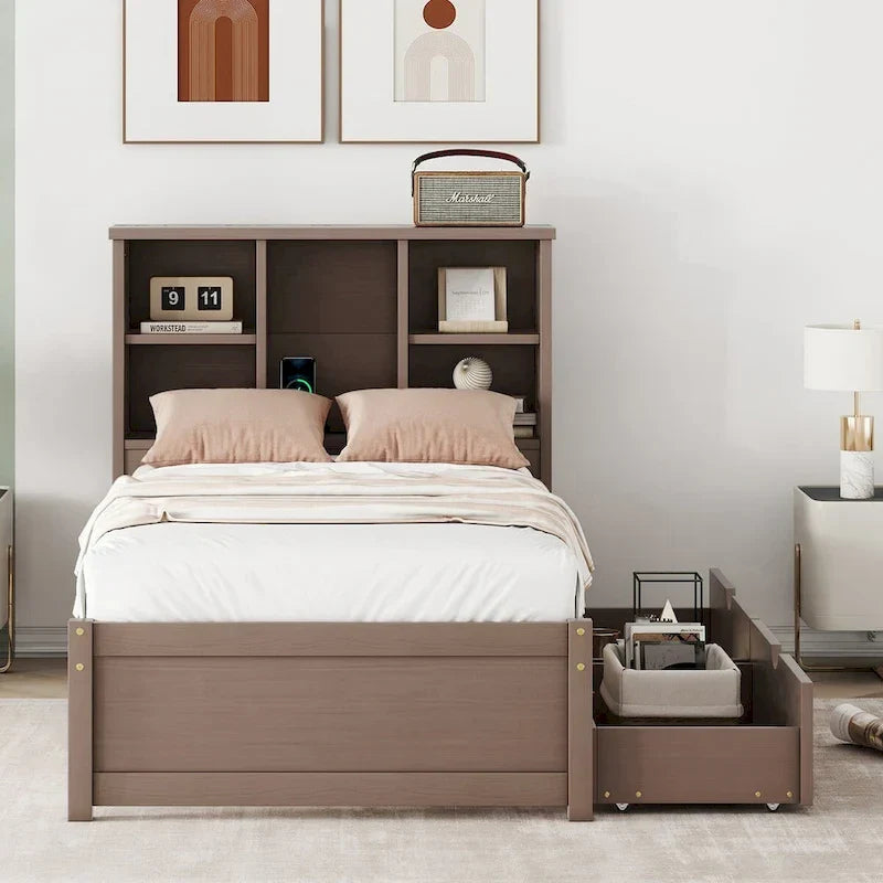 Contemporary Twin Bed Frame with USB Charging Port, Bookcase Headboard, and Dual Drawers for Bedroom or Living Room 2