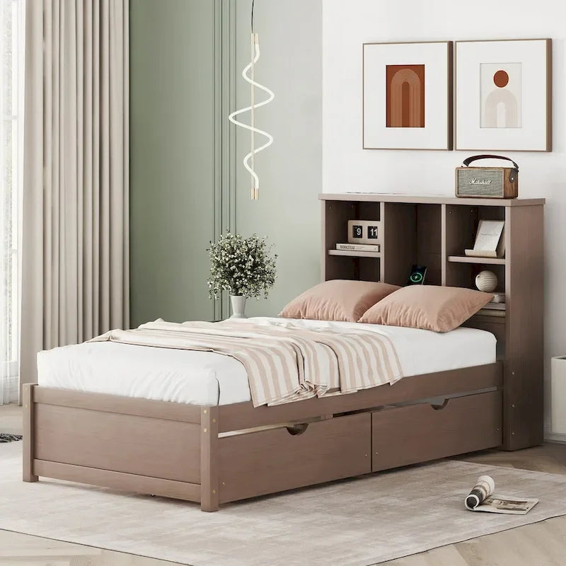 Contemporary Twin Bed Frame with USB Charging Port, Bookcase Headboard, and Dual Drawers for Bedroom or Living Room 3