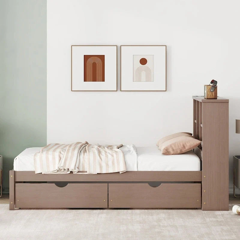 Contemporary Twin Bed Frame with USB Charging Port, Bookcase Headboard, and Dual Drawers for Bedroom or Living Room 4