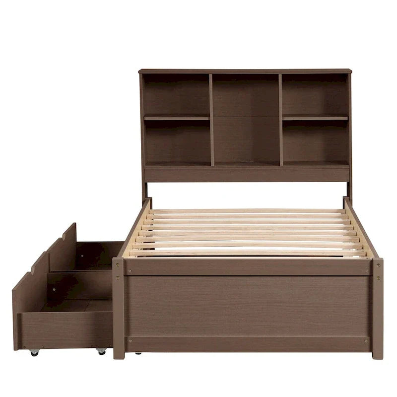Contemporary Twin Bed Frame with USB Charging Port, Bookcase Headboard, and Dual Drawers for Bedroom or Living Room 5