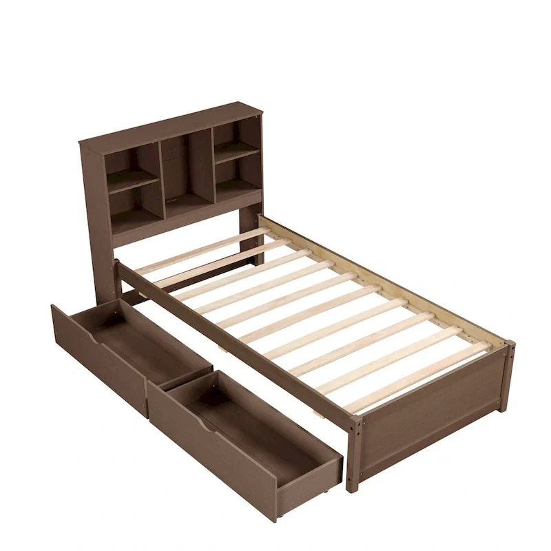 Contemporary Twin Bed Frame with USB Charging Port, Bookcase Headboard, and Dual Drawers for Bedroom or Living Room 6