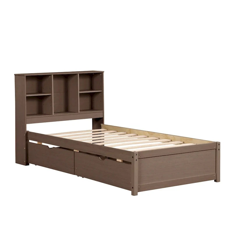 Contemporary Twin Bed Frame with USB Charging Port, Bookcase Headboard, and Dual Drawers for Bedroom or Living Room 7