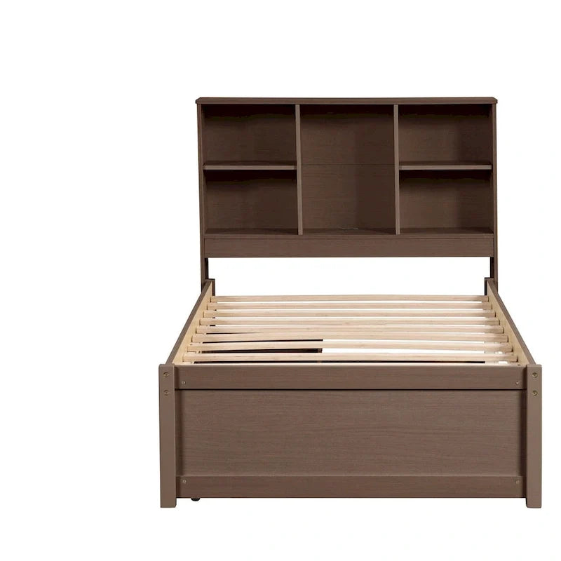 Contemporary Twin Bed Frame with USB Charging Port, Bookcase Headboard, and Dual Drawers for Bedroom or Living Room 8