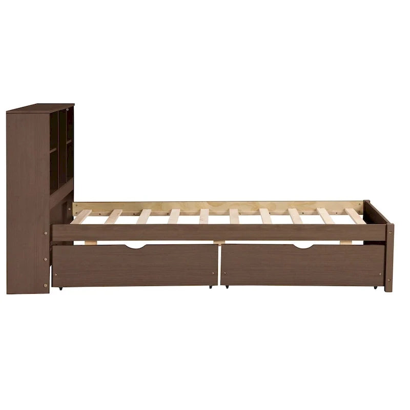 Contemporary Twin Bed Frame with USB Charging Port, Bookcase Headboard, and Dual Drawers for Bedroom or Living Room 9
