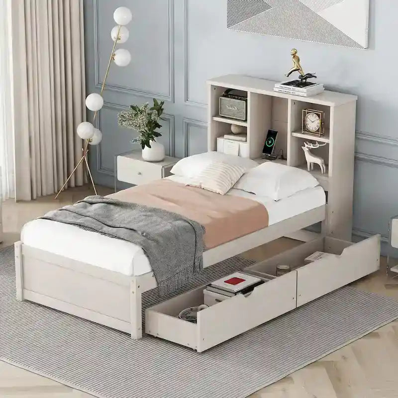 Contemporary Twin Bed Frame with USB Charging Port, Bookcase Headboard, and Dual Drawers for Bedroom or Living Room 10