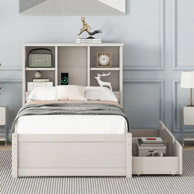 Contemporary Twin Bed Frame with USB Charging Port, Bookcase Headboard, and Dual Drawers for Bedroom or Living Room 11