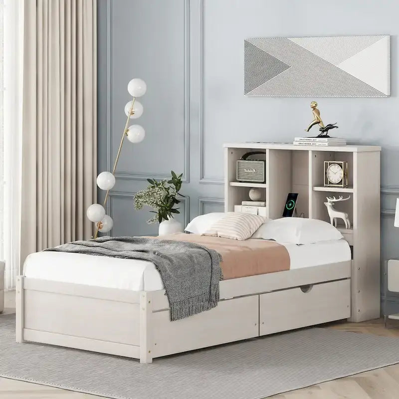 Contemporary Twin Bed Frame with USB Charging Port, Bookcase Headboard, and Dual Drawers for Bedroom or Living Room 12