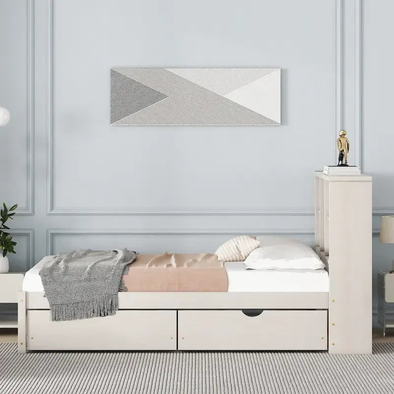 Contemporary Twin Bed Frame with USB Charging Port, Bookcase Headboard, and Dual Drawers for Bedroom or Living Room 13