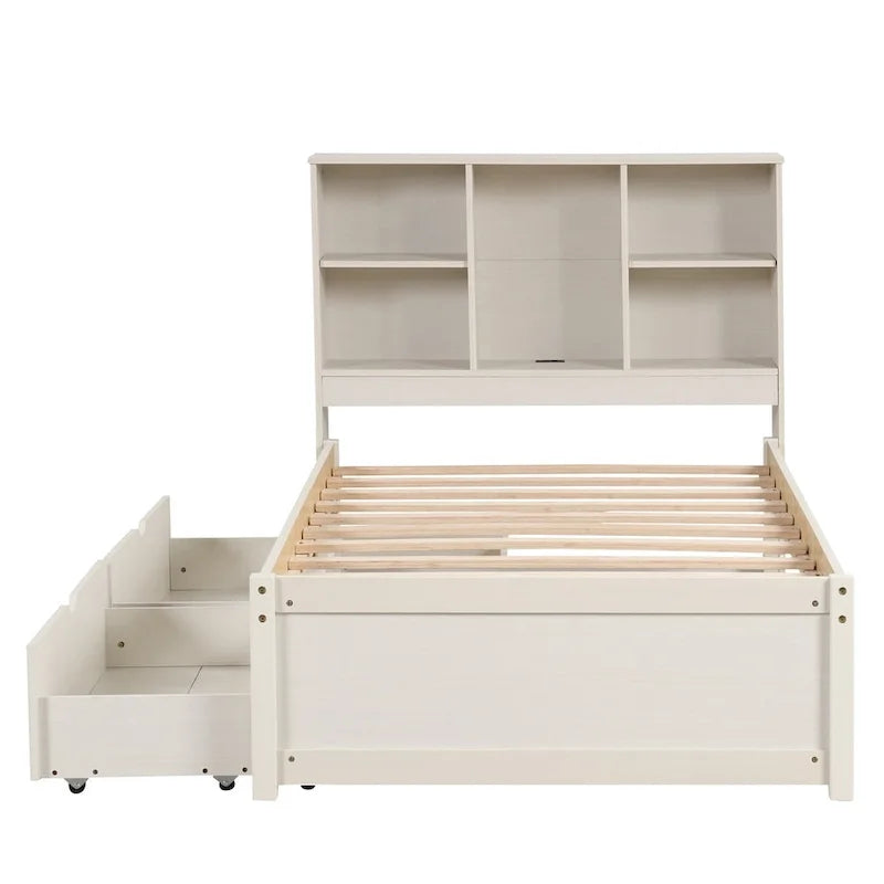 Contemporary Twin Bed Frame with USB Charging Port, Bookcase Headboard, and Dual Drawers for Bedroom or Living Room 14