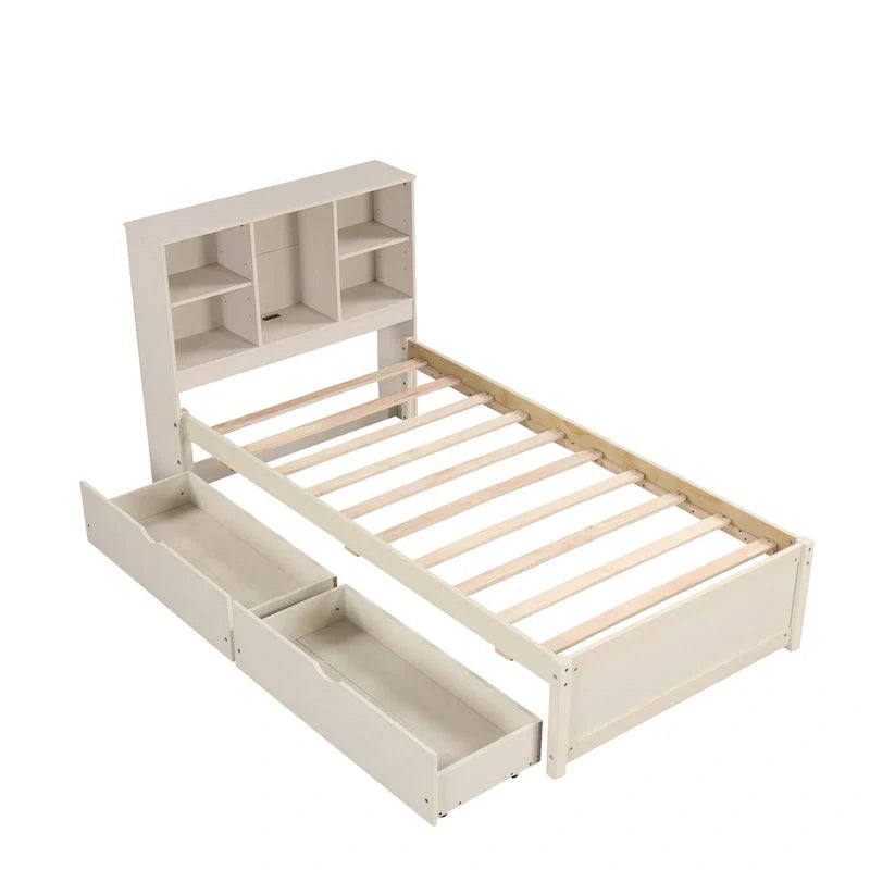Contemporary Twin Bed Frame with USB Charging Port, Bookcase Headboard, and Dual Drawers for Bedroom or Living Room 15