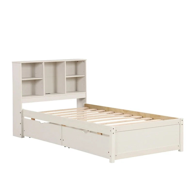 Contemporary Twin Bed Frame with USB Charging Port, Bookcase Headboard, and Dual Drawers for Bedroom or Living Room 16