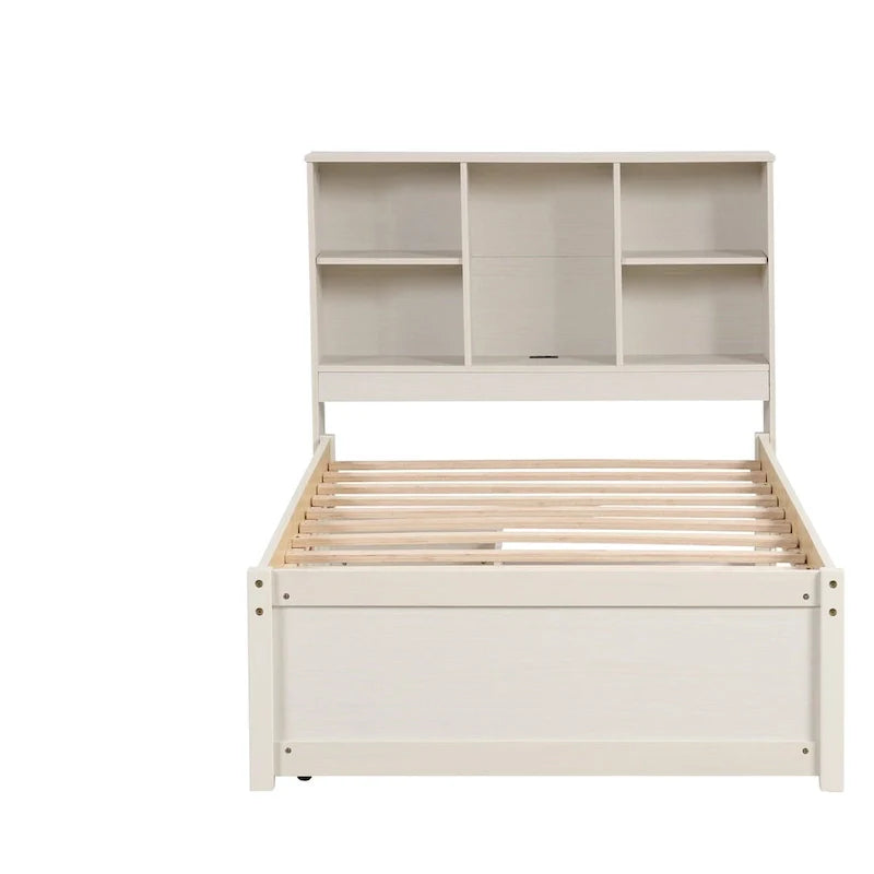 Contemporary Twin Bed Frame with USB Charging Port, Bookcase Headboard, and Dual Drawers for Bedroom or Living Room 17