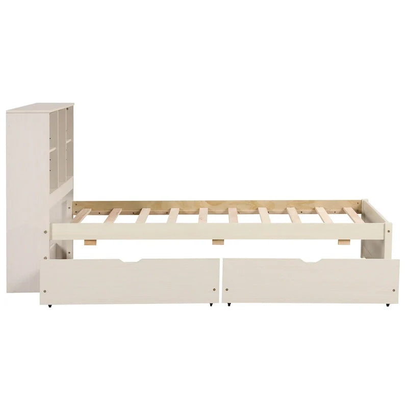 Contemporary Twin Bed Frame with USB Charging Port, Bookcase Headboard, and Dual Drawers for Bedroom or Living Room 18