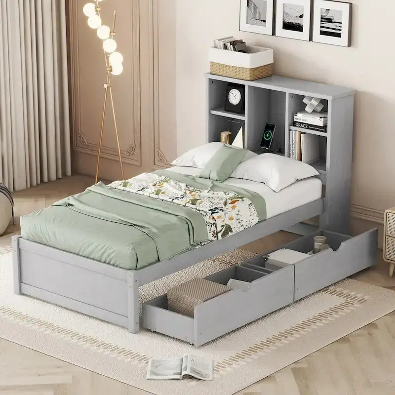 Contemporary Twin Bed Frame with USB Charging Port, Bookcase Headboard, and Dual Drawers for Bedroom or Living Room 19