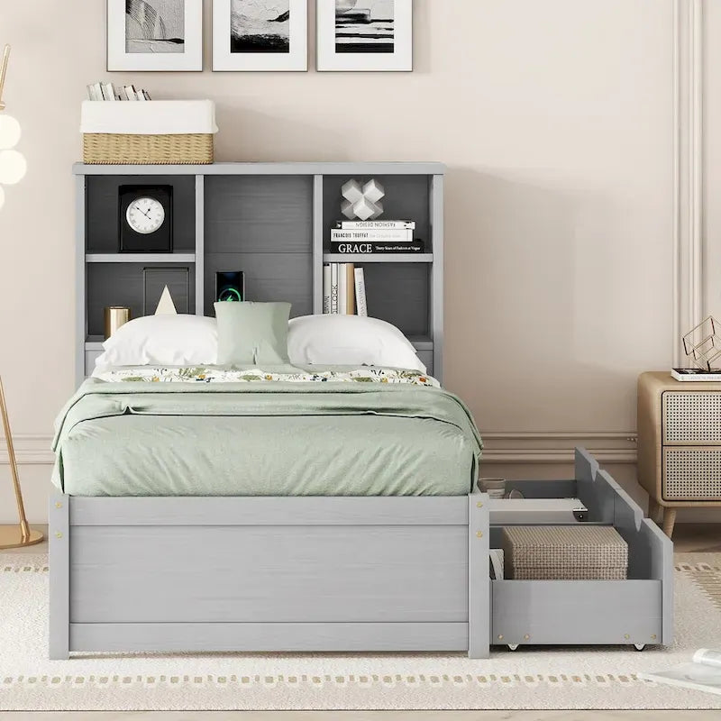 Contemporary Twin Bed Frame with USB Charging Port, Bookcase Headboard, and Dual Drawers for Bedroom or Living Room 20