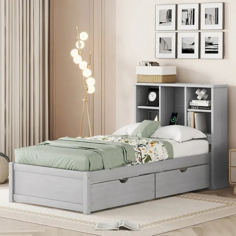 Contemporary Twin Bed Frame with USB Charging Port, Bookcase Headboard, and Dual Drawers for Bedroom or Living Room 21