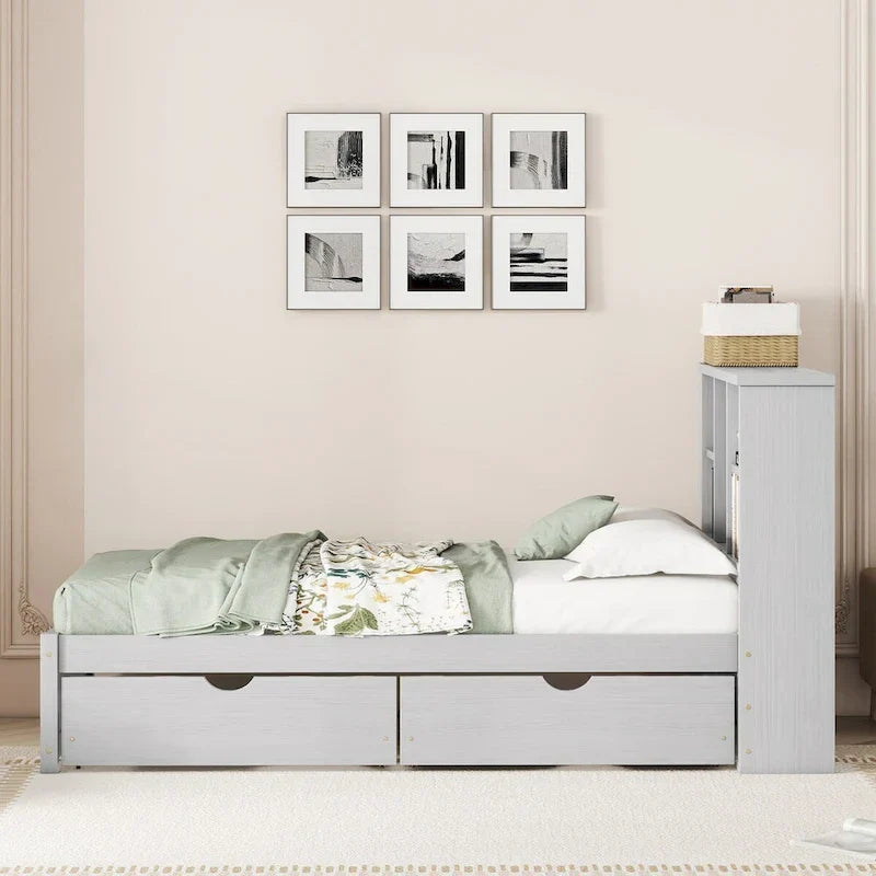 Contemporary Twin Bed Frame with USB Charging Port, Bookcase Headboard, and Dual Drawers for Bedroom or Living Room 22